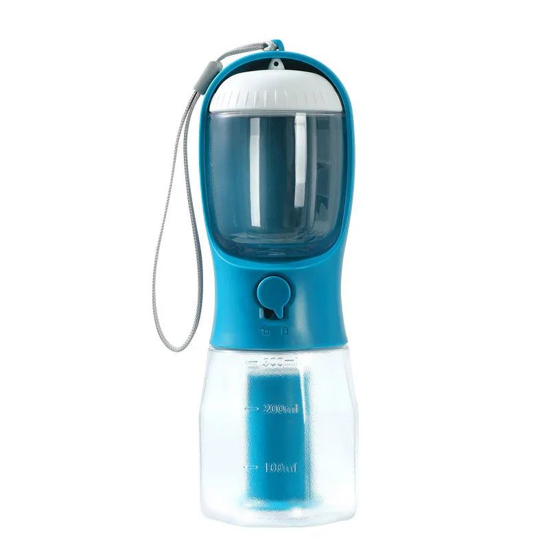 Blue portable pet water bottle with built-in bowl and carry strap, ideal for travel and outdoor use.