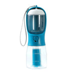 Blue portable pet water bottle with built-in bowl and carry strap, ideal for travel and outdoor use.