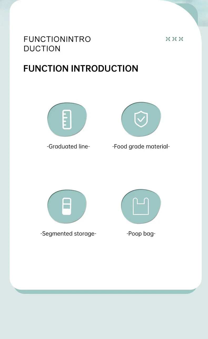 Function intro graphic showing graduated line, food grade material, segmented storage, and poop bag features