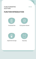 Function intro graphic showing graduated line, food grade material, segmented storage, and poop bag features
