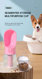 Pink portable dog water and food dispenser with segmented storage for outdoor use