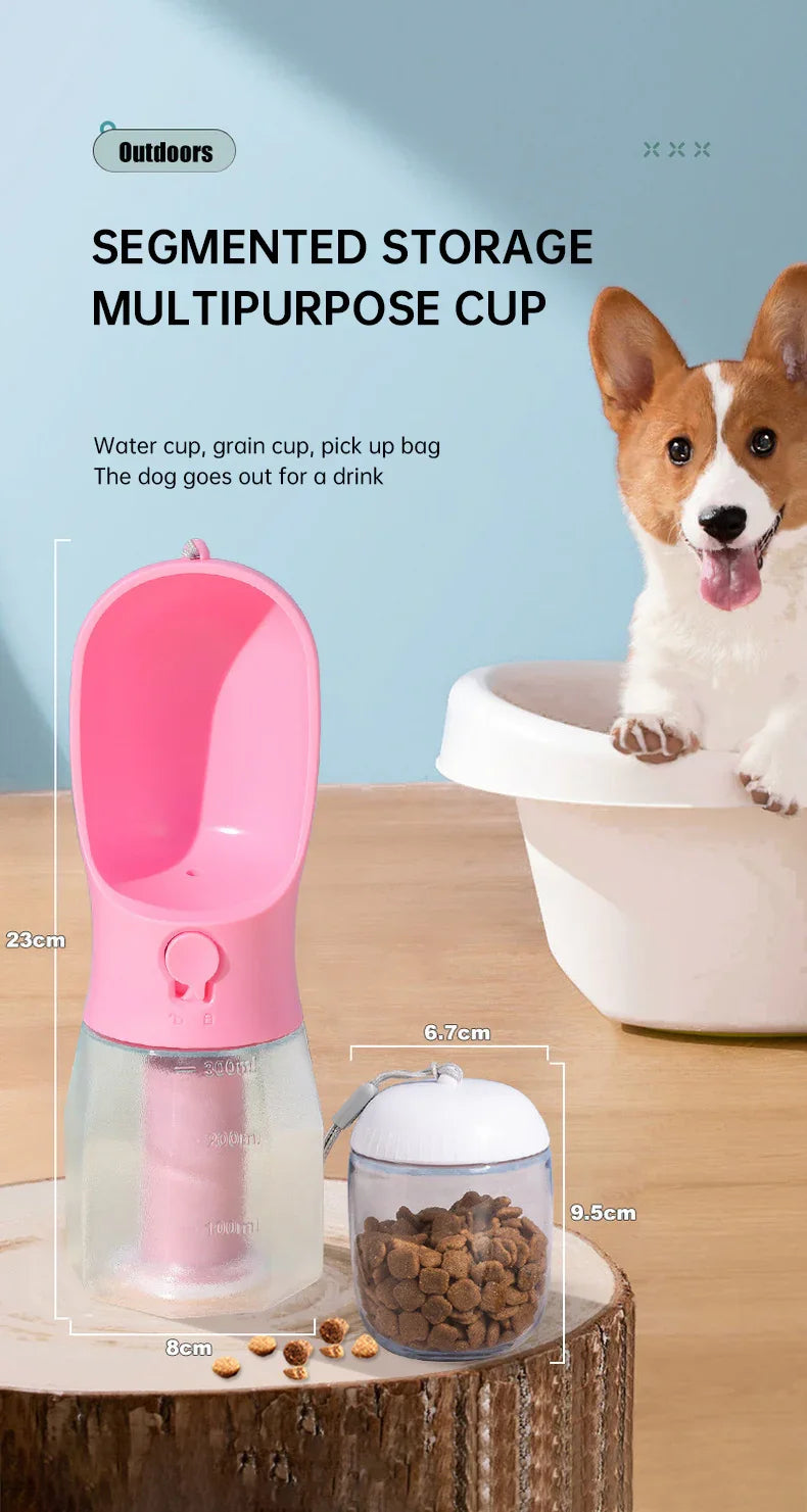 Pink portable dog water and food dispenser with segmented storage for outdoor use