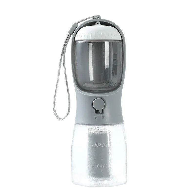 Portable pet water bottle with built-in bowl, 300ml capacity, gray and clear design for travel