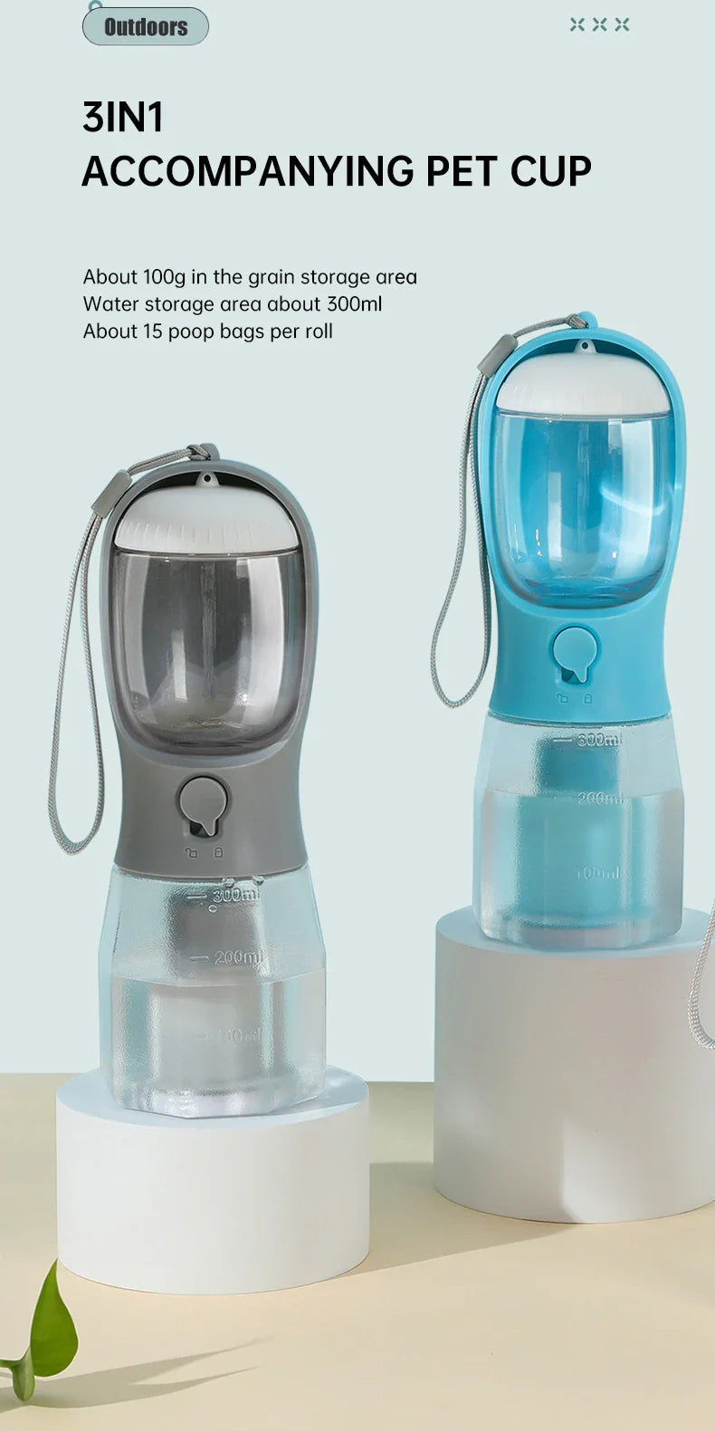 3-in-1 portable pet water bottle with food storage and poop bag dispenser for outdoor travel