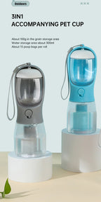 3-in-1 portable pet water bottle with food storage and poop bag dispenser for outdoor travel