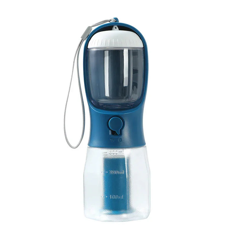 Blue portable pet water bottle with built-in bowl and carry strap, ideal for travel and outdoor use.
