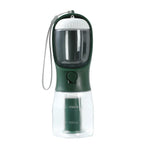 Portable green pet water bottle with built-in bowl, 300ml capacity, ideal for travel and outdoor use