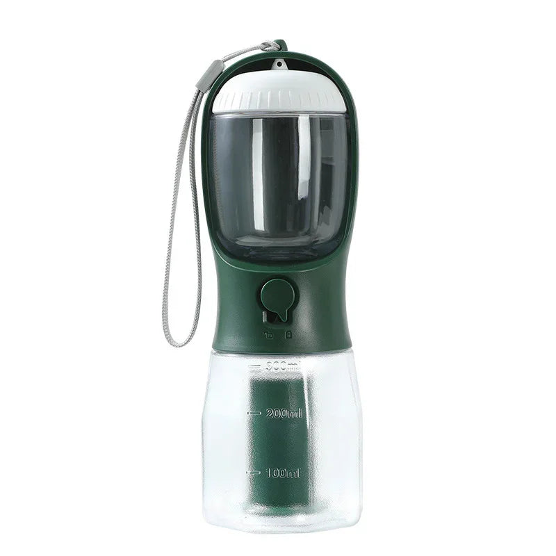 Portable green pet water bottle with built-in bowl, 300ml capacity, ideal for travel and outdoor use