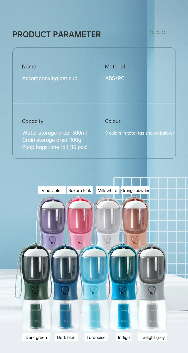 Portable pet water and food dispenser in 9 colors, ideal for travel and daily use