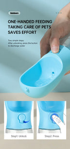 Blue portable pet water bottle with one-handed feeding design for outdoor use