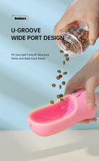 Pink portable pet feeder with U-groove design for easy outdoor feeding and drinking