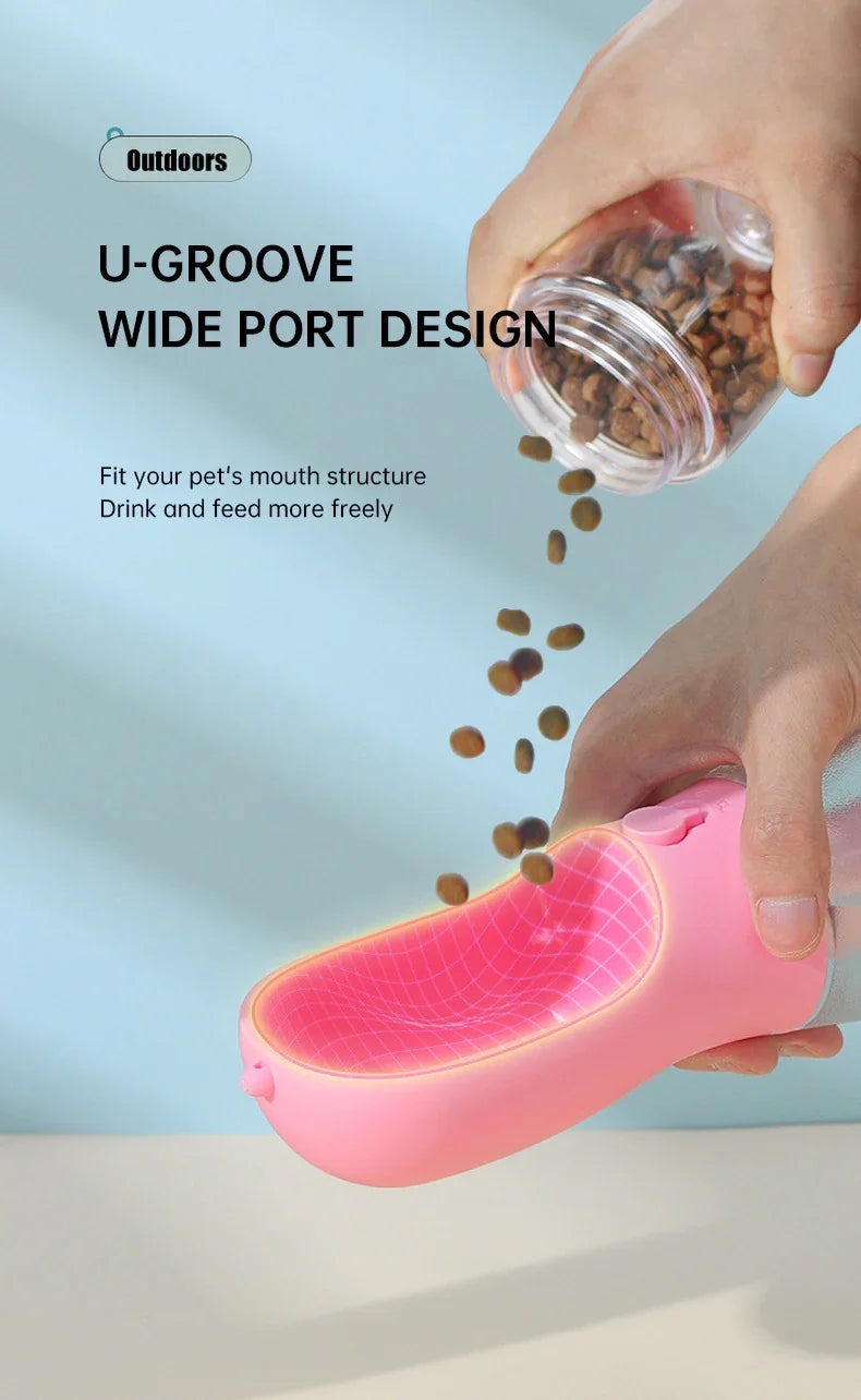 Pink portable pet feeder with U-groove design for easy outdoor feeding and drinking