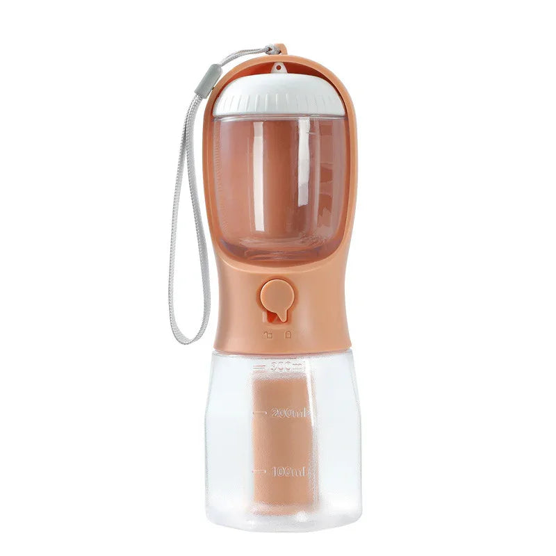 Portable dog water bottle with built-in bowl, 300ml capacity, peach and clear design, perfect for travel