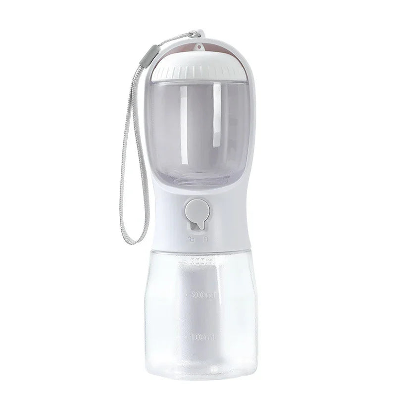 Portable pet water bottle with built-in bowl and carry strap for dogs and cats