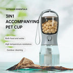 3-in-1 portable pet water and food dispenser for outdoor use, holds treats and water, leakproof design