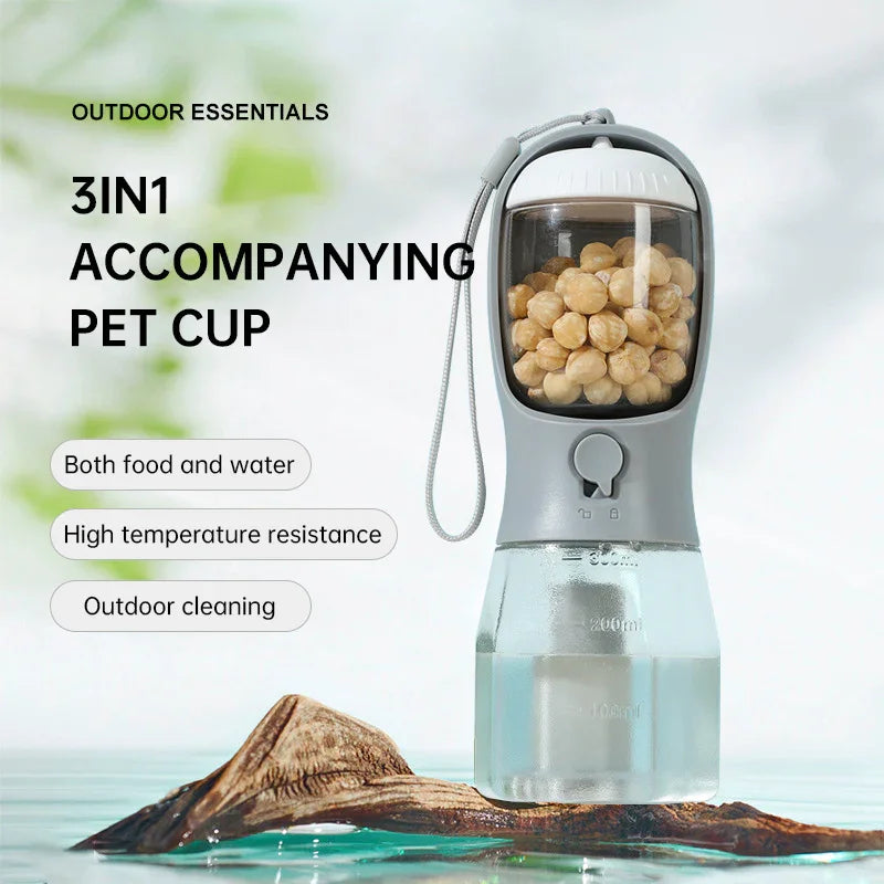 3-in-1 portable pet water and food dispenser for outdoor use, holds treats and water, leakproof design