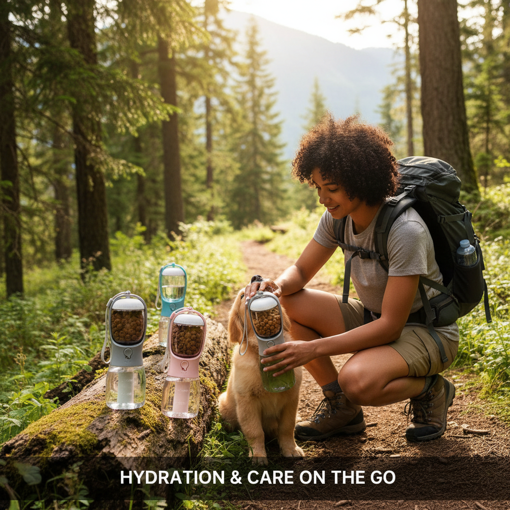 Three portable pet water bottles on a vibrant green hiking trail, with a person holding one. Two are 3-in-1 bottles with food