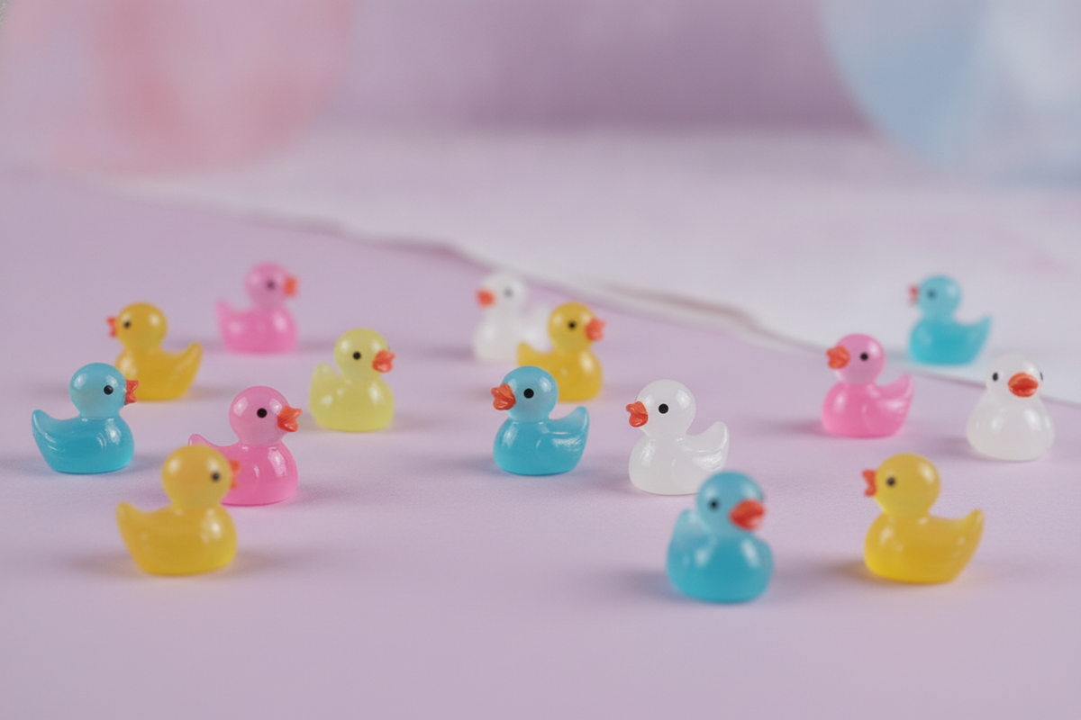 Close-up of several cute resin cartoon duck ornaments in luminous mixed, yellow, white, and blue, arranged on a dusty lilac s