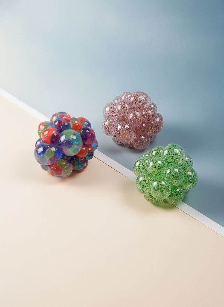 Close-up flat-lay of several colorful grape ball antistress toys with visible beads, arranged on a warm off-white surface wit