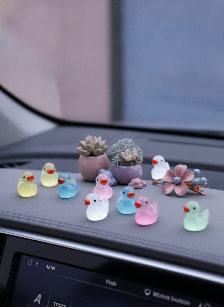 Multiple glowing resin cartoon ducks, in yellow, white, blue, and mixed colors, arranged on a car dashboard, in a micro-lands